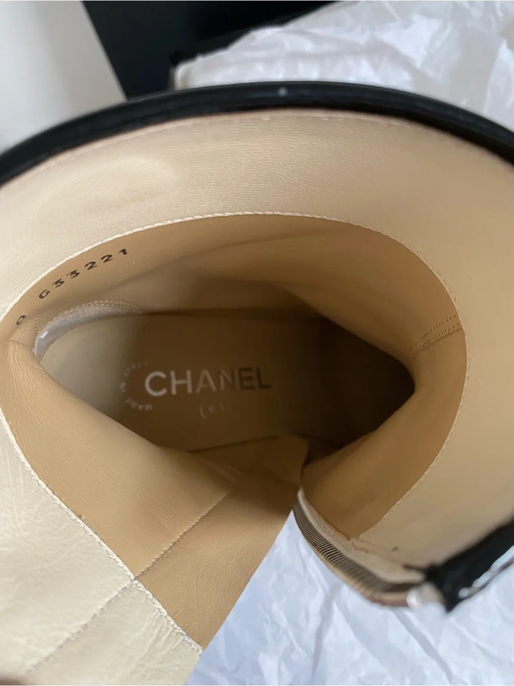 CHANEL White Sequin Ankle Boots with Black Cap Toe. Runway astronaut collection.